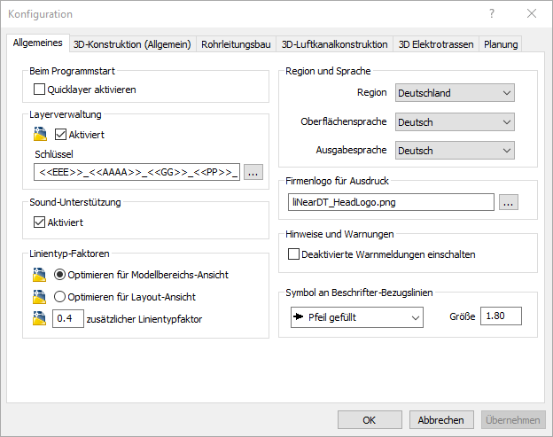 Screenshot des Dialogs Konfiguration in den LINEAR Solutions für Autodesk AutoCAD