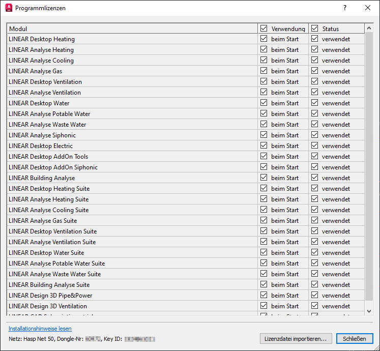 Screenshot des Dialogs Programmlizenzen in LINEAR Solutions für Autodesk AutoCAD