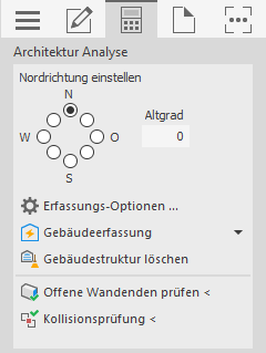 Tab "Analyse" der Disziplin Architektur im Control Board der LINEAR Solutions für Autodesk AutoCAD