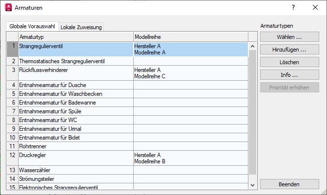 Armaturen Auswahl Linear AutoCAD