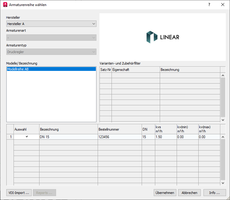 Armaturen wählen Dialog Linear AutoCAD