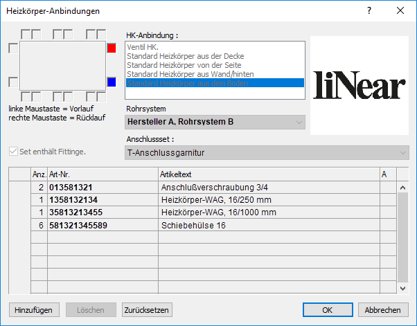 Dialog Heizkörper Anbindungen Linear AutoCAD