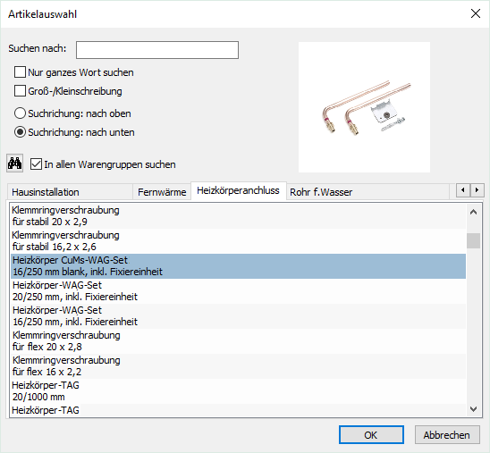 Dialog Artikelauswahl Linear AutoCAD