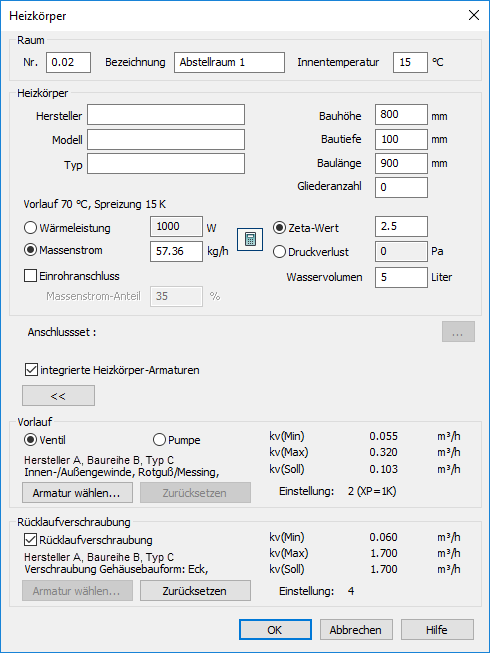 Dialog Technische Daten Heizkörper Linear AutoCAD