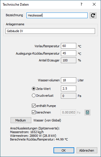 Dialog Technische Daten von Wärmeerzeugern (inkl. Solarkollektoren) und Kälteerzeugern LINEAR Analyse AutoCAD