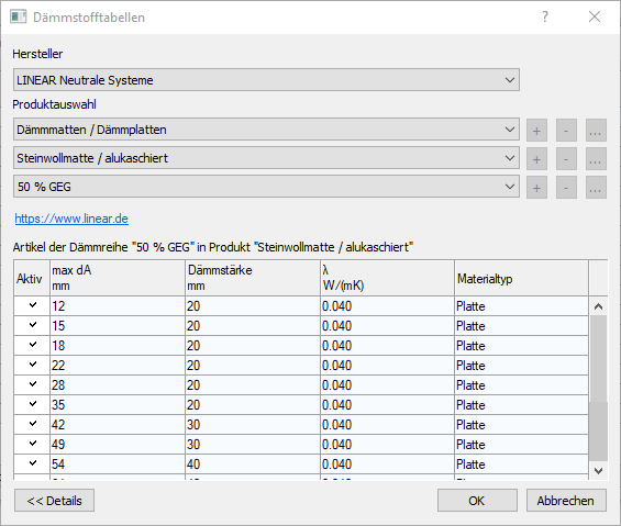 Dialog Dämmstofftabellen Linear Autocad