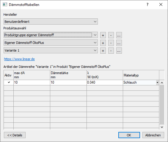 Dialog Dämmstofftabellen Linear Revit