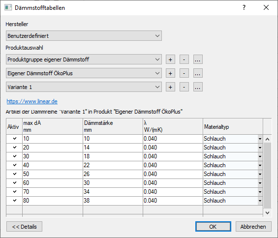 Dialog Dämmstofftabellen Linear Revit