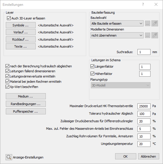 Dialog Einstellungen Heizung in den LINEAR Solutions für Autodesk AutoCAD