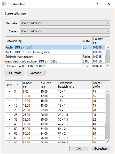 Rohrtabellen Dialog AutoCAD