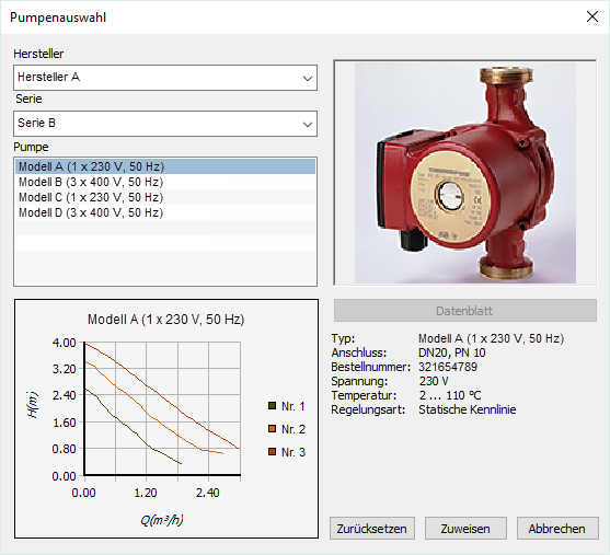 Dialog Pumpenauswahl Linear AutoCAD