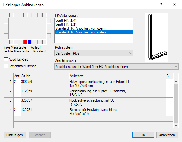 Dialog Heizkörper Anbindungen Linear AutoCAD