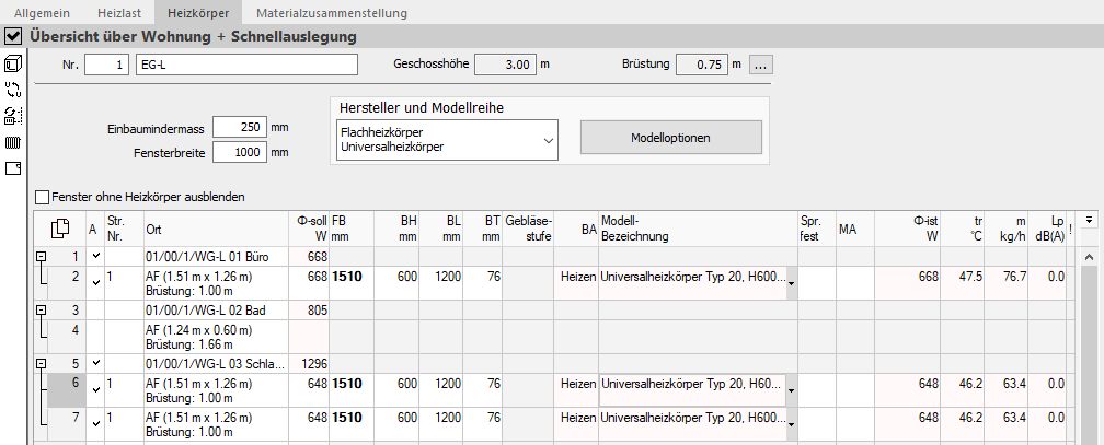 Projektübersicht des Moduls Heizkörper-Auslegung in LINEAR Building