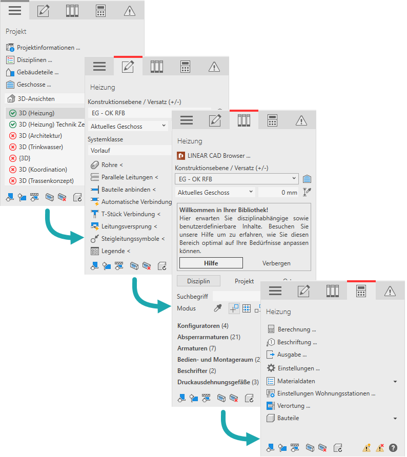 Darstellung des Workflows im Control Board von LINEAR Solutions für Autodesk Revit
