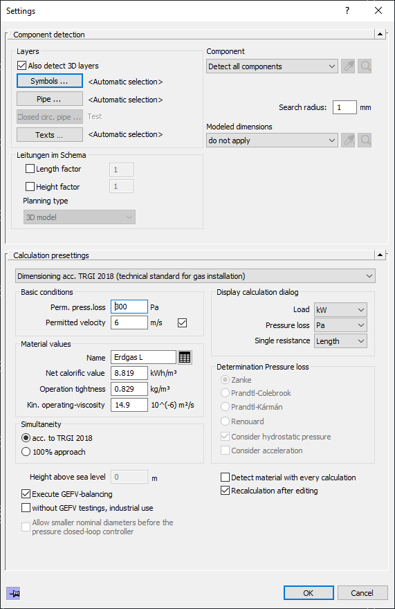 Dialog Settings for calculation Gas in the LINEAR Solutions for Autodesk AutoCAD