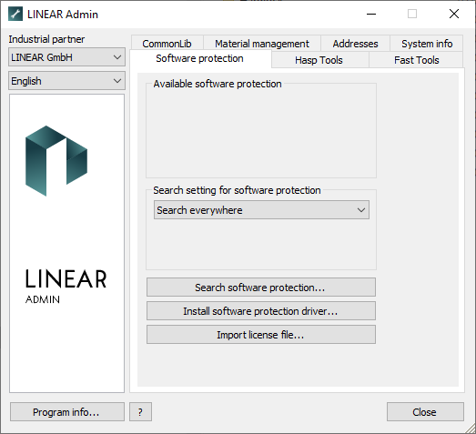 Software protection tab Linear Admin