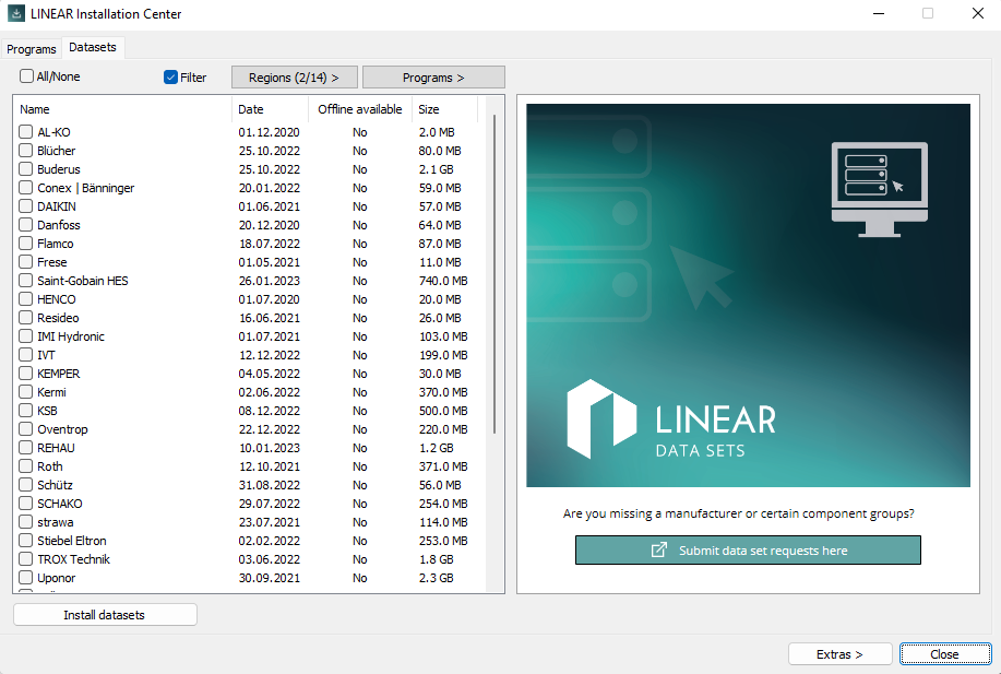 Data sets tab Linear Installation Center