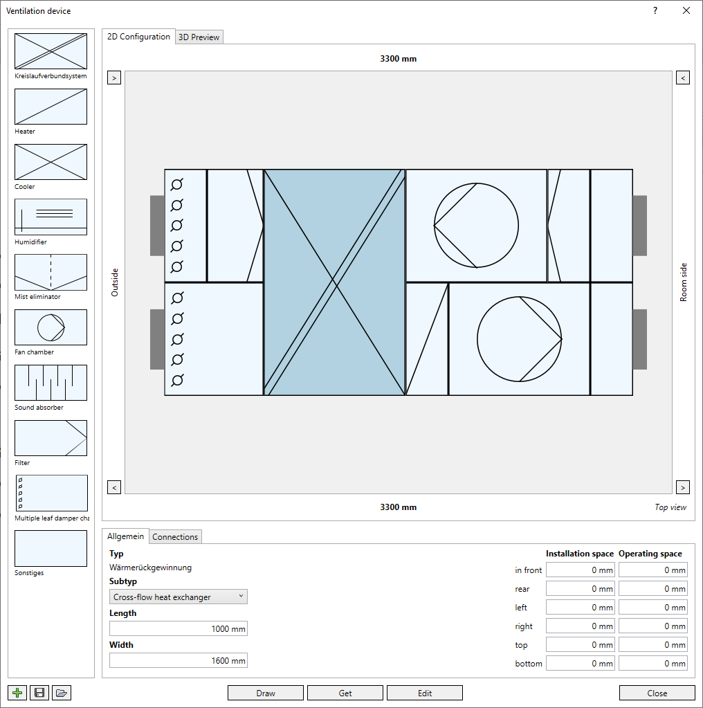 Main dialog ventilation device Linear Revit