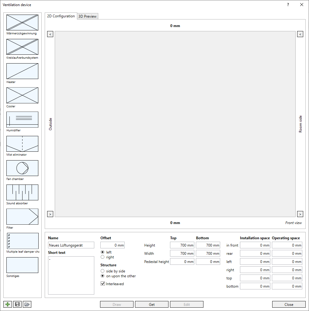 Dialog ventilation device configurator Linear Revit