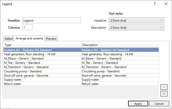 Dialog legend sorting Linear Revit