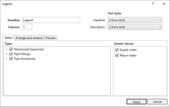 Dialog legend selection Linear Revit