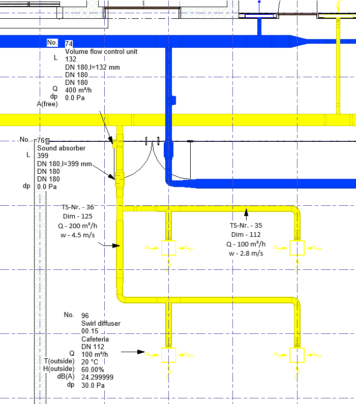 Labeled duct network in the LINEAR Solutions for Autodesk Revit