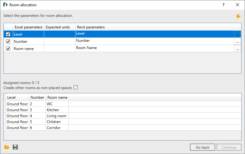 Dialog import MEP space list Linear Revit