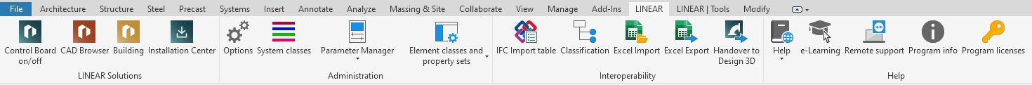 LINEAR tab in the Revit Ribbon of the LINEAR Solutions