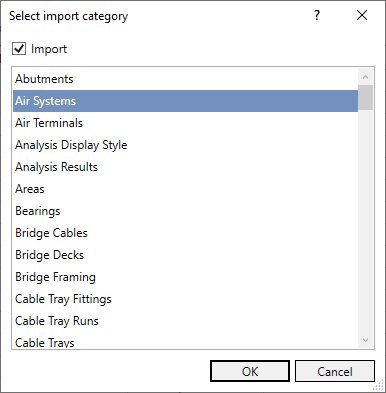 Dialog import categories Linear Revit