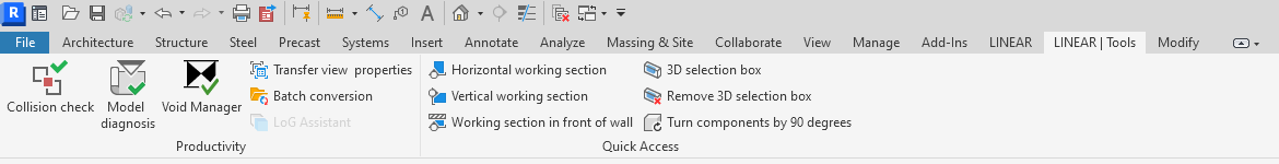 "Linear | Tools" tab in the Revit Ribbon of the LINEAR Solutions