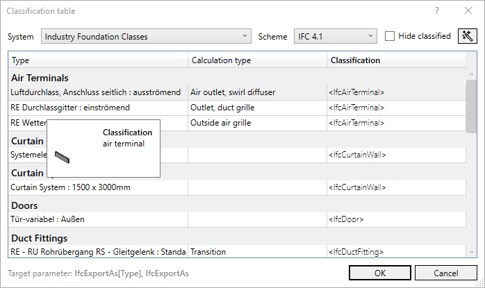 Dialog classification table Linear Revit