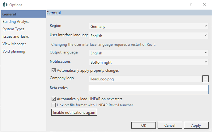 Options general Linear Revit