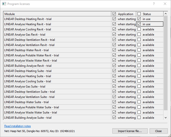 Program licences dialog in the LINEAR Solutions for Autodesk Revit