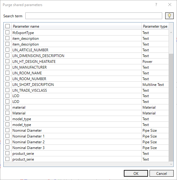 Dialog Purge parameters Linear Revit