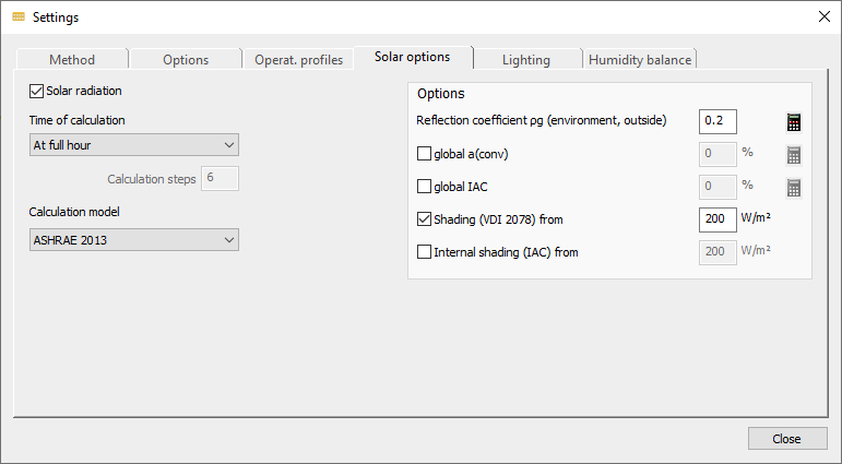 Settings solar options Linear Building