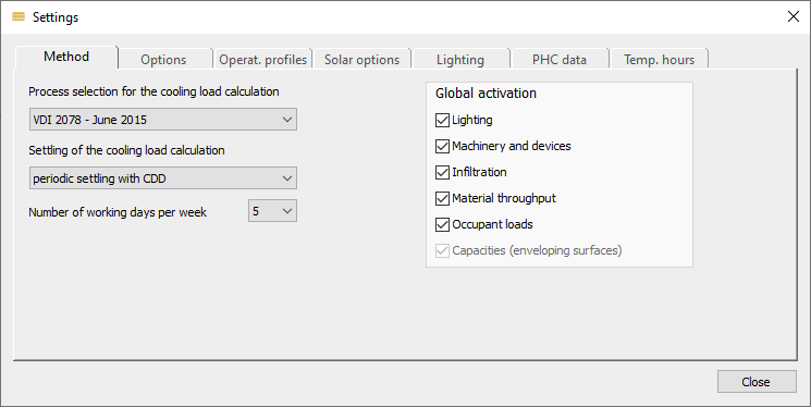 Settings cooling load method Linear Building