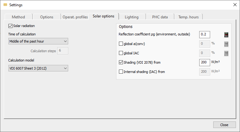 Settings solar options Linear Building