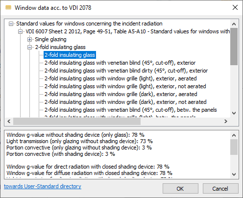 Window data VDI 2078 Linear Building