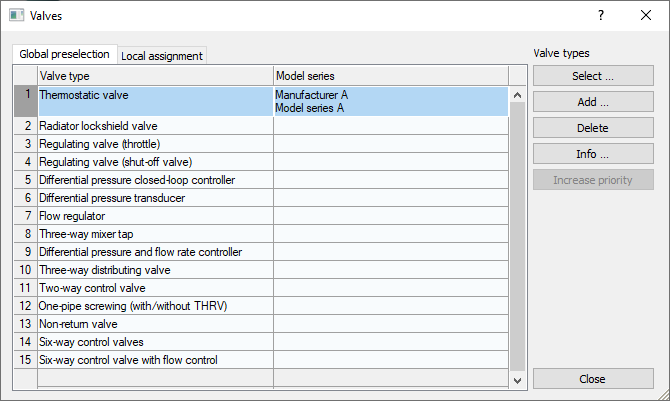 Valves select dialog Linear Revit