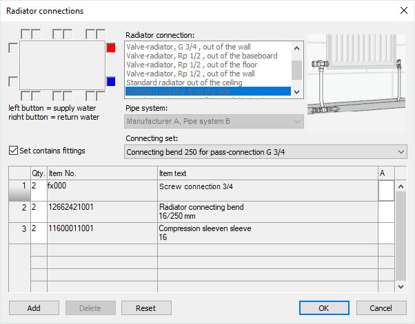 Dialog radiator connections Linear Revit