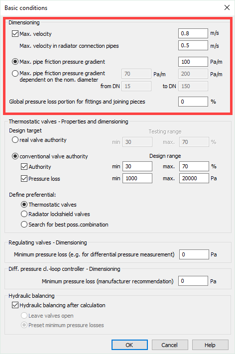 Basic conditions dialog Linear Analyse