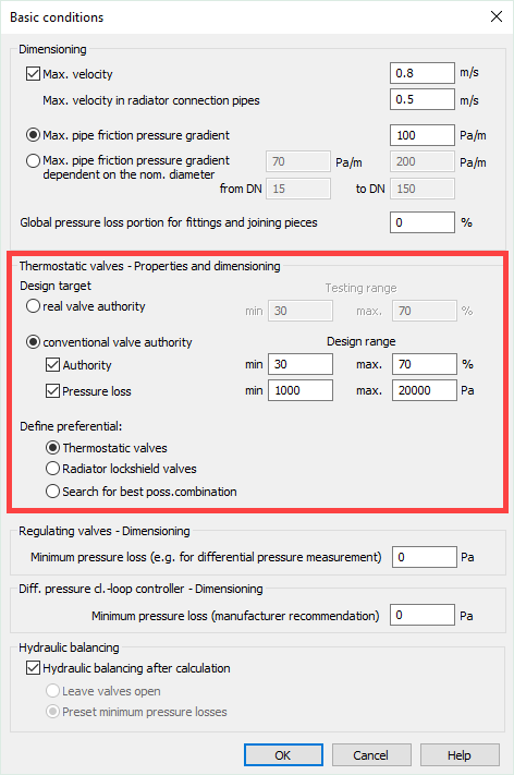 Basic conditions dialog Linear Analyse