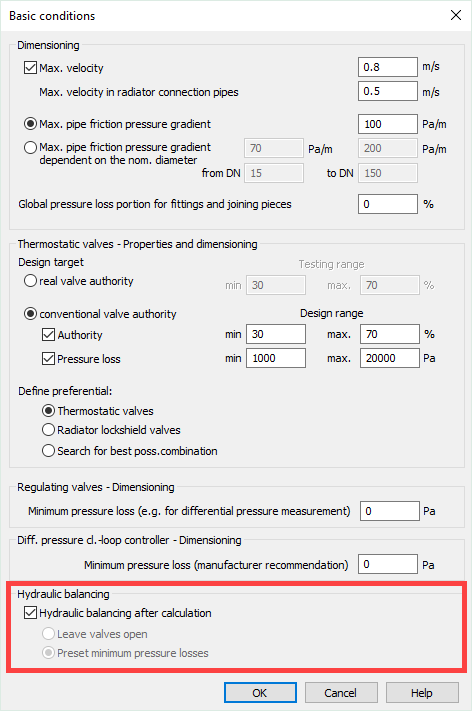 Basic conditions dialog Linear Analyse