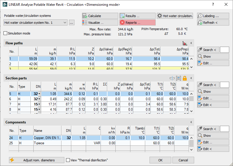 Calculation dialog potable water circulation systems LINEAR Revit