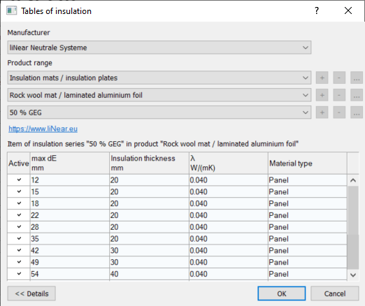 Dialog tables of insulation Linear Revit