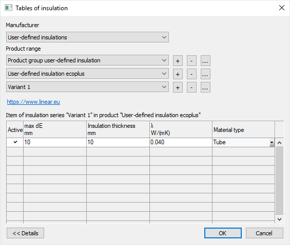 Dialog tables of insulation Linear Revit