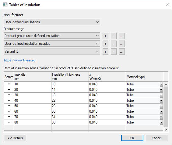 Dialog tables of insulation Linear Revit