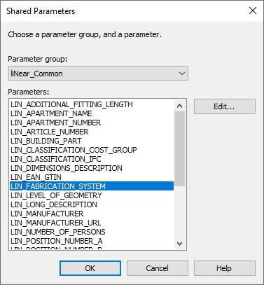 Dialog shared parameters Linear Revit