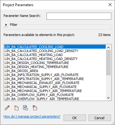 Dialog project parameters Linear AutoCAD