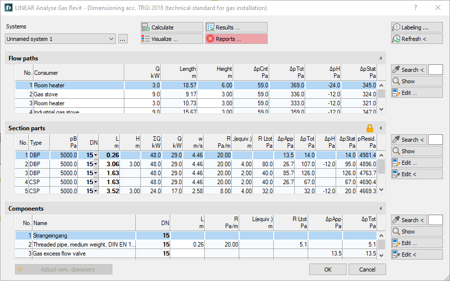 Calculation dialog Analyse Gas Linear Revit